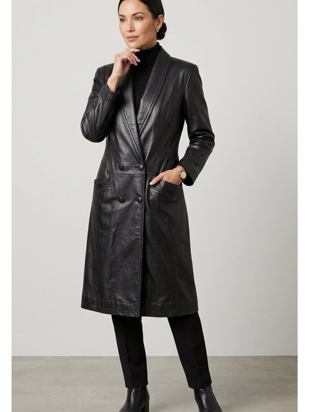 Vtg 90s Global Identity leather Coat womens S black Long 90s Trench Matrix Y2K